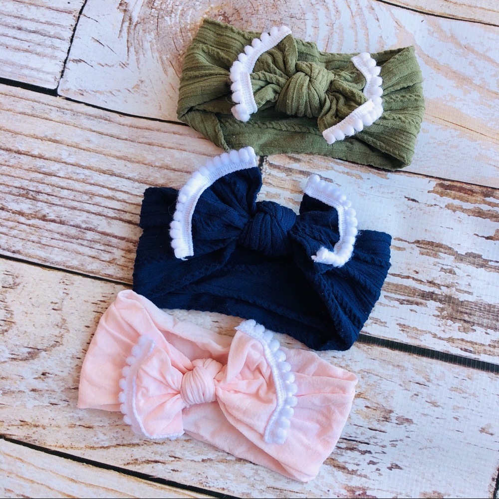 Pom Pom Trim Nylon Headwrap Set - 0-12M